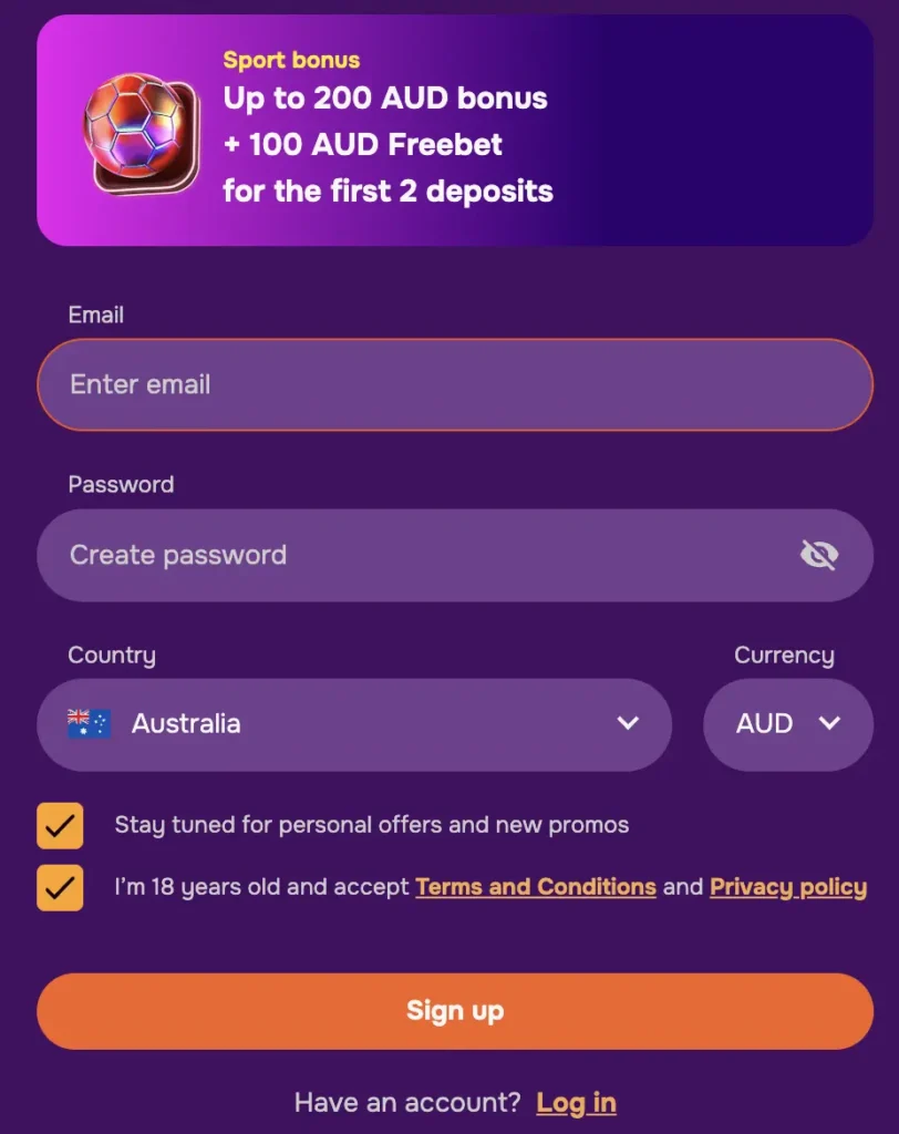 Registration form with email and password fields