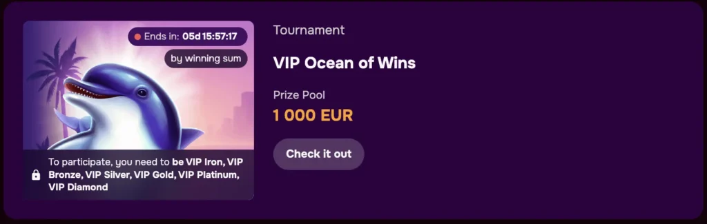VIP Ocean of Wins LuckyHills tournament with 1,000 AUD prize pool