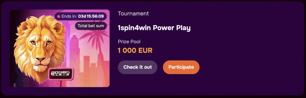 1spin4win Power Play tournament with 1,000 AUD prize pool
